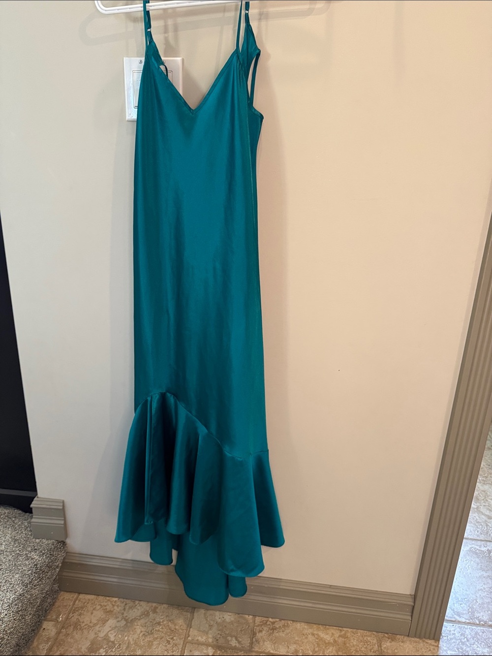 La Vie En Rose Teal Satin Slip Dress with Mermaid Flounce